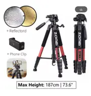 187cm/73.6in Tall Zomei Aluminum Alloy Portable Tripod for Camera DSLR Canon Nikon, 360 Degree Panorama Photography Phone Stand Q188-RD-Clip-BGB