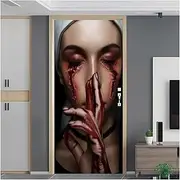 Door Stickers Horror Halloween Door Stickers 3D Ghost Mural Decal Scary Night Home Bedroom Decor Festival Party Wallpaper(O,95x215cm)