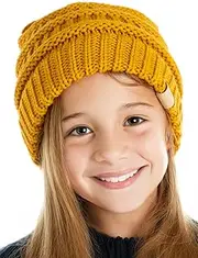 [Funky Junque] Solid Ribbed Beanie Hat for Kids Tweens Soft Stretch Cable Knit Slouchy Hat Warm Winter Skull Cap 2-9 Years Old