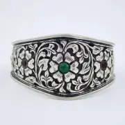 Vintage Hand Etched Emerald Garnet Citrine Floral Sterling Silver Cuff Bracelet