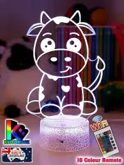 CUTE MOO COW 3D LED Battery USB Night Light Colour Changing Room Kids Lamp