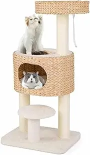 Costway Cat Tree for Indoor Cats, Modern Cat Tower w/Top Perch, Cattail Fluff Condo, Sisal Scratching Posts, Hanging Toy, Bed, Removable Cushion, Anti-Tipping Device, Kitty Activity Center, Natural
