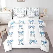 Feelyou Bowknot Decoration 7 Piece Bedding Set Full Size for Girls Dreamy Princess Style Kids Bed in a Bag Watercolor Blue Bow Bed Set Girly Kawaii