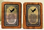 PAIR NEW WOOD BOOKENDS WITH BRASS PLATE WITH EAGLE AND BIBLE VERSE ISAIAH 40:31