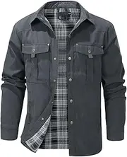 [Flygo] Mens Flannel Lined Shirt Jacket Vintage Snap Button Western Jacket Outdoor Cowboy Shirts Jackets