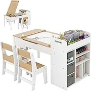 HONEY JOY Kids Art Table & 2 Chairs Set w/Paper Roll, Craft Desk w/Flip-up Tabletop, Storage Shelves, 8 Paint Cups, Fabric Bins & Portable Art Supply Organizer for Drawing, Activities, Study, Natural