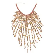 Brown Glass Beads, String Tassels Necklace (40 Inches)