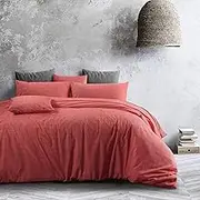 Queen Bed Quilt Cover Set - Coral Doona Cover - 100% Cotton Bedding & Linen - Textured Print Bedding Duvet Cover Sets (3PCs, Queen)