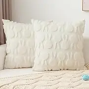 UGASA Mothers Day Pillow Covers 18x18 Inch Set of 2 Super Soft Rabbit Pattern Luxury Plush Decorative Throw Pillowcases for Happy Holiday Spring Gift Sofa Couch Chair Bedroom, Cream White
