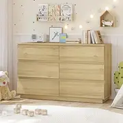 Merryluk 6-Drawer Chest of Drawers Tallboy – Oak Wood Storage Dresser Cabinet for Bedroom, Living Room, Entryway – Modern Organizer Furniture with Spacious Drawers and Lowboy Design