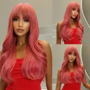 Wine Burgundy Red Long Wavy Synthetic Wigs With Bangs for Women