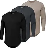 [TEZO] Mens 3 Pack Cotton Plain T Shirts Crew Neck Long Sleeve Casual Tee Shirts Hipster Hip Hop Longline Gym Workout Shirts