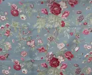4 DRAPES New/Old Stock French Briar Rose Red Pink on Duck Egg Blue Made in USA