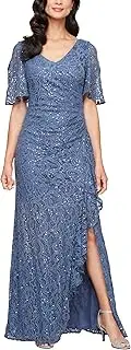 [Alex Evenings] Women's Long Stretch Lace and Sequin Mother of The Bride Dress with Cold Shoulder Flutter Sleeves