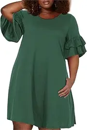 [Nemidor] Women's Ruffle Sleeve Jersey Knit Plus Size Casual Swing Dress with Pocket (26, Army Green)