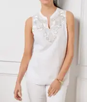 TALBOTS Plus Size 3X Embellished Linen Cotton Shell White Sleeveless NEW
