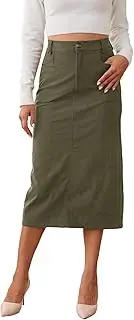 [HERBATOMIA] Women’s Midi Corduroy Skirt Pencil Elastic High Waisted Back Slit Winter Long Skirts for Women with Pocket
