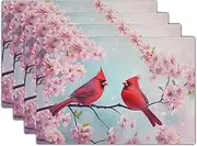 Giwawa Spring Birds Placemats Set of 4-12x18 Inch Red Bird Cherry Blossom Floral Place Mat- Stain Heat Resistant Linen Table Mats for Kitchen Dining Tabletop Seasonal Party Indoor Outdoor Decor