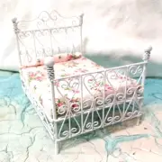 Dollhouse double Bed. 1:12 scale with matress. White metal furniture