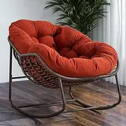 KEIKI Oversized Rattan Egg Chair Outdoor/Indoor-Patio Reading Papasan Lounge Chair, Padded Cushion Rocking Chair W/Steel Frame, Porch Rocker Chairs Furniture for Garden Lawn, Orange Red Spun-polyester
