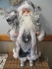 NWT Large 20" BEJEWELED Silver Christmas Santa Claus Figurine Statue Crystals