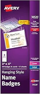 Avery Name Badges with Lanyards, Print or Write, 3" x 4", Badge Holders & Lanyards, 50 Inserts (74520), White