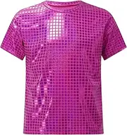 [Jugaoge] Kids Girls Boys Shiny Metallic Round Neck Jazz Hip Hop Dance Tops T-Shirt