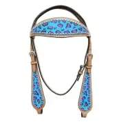 HILASON Western Horse Leather Headstall Set Turquoise Cheetah