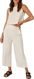[JOFOW] Women's Summer Outfit Cotton Linen Sleeveless Round Neck Tank Tops With Pocket Wide Leg Pants Two Piece Set Daily