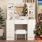 White Dressing Table Stool Set Makeup Desk With 7 Drawers And LED Lighted Mirror