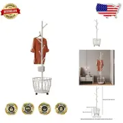 Durable White Coat Rack with Rotating Hooks and Storage Basket – Modern Design