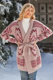Cupshe Neutral Geo Open Front Tie Waist Longline Sweater - Neutral,L