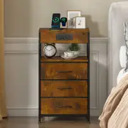 Advwin Bedside Table with Charging Station 3 Fabric Drawers Nightstand Side Table Rustic Brown