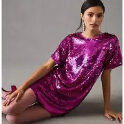 Anthro Verb by Pallavi Sequins Shift Mini Dress Short Sleeve Fuchsia Pink XS New