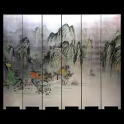 Oriental 6 Panels Silver Leaf Background Hand Lacquer Painted Folding Screen