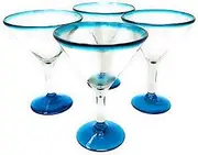 Mexican Hand Blown Glass – Set of 4 Hand Blown Modern Margarita Glasses - Aqua Rim (12 oz)