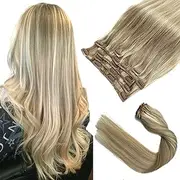 Clip in Hair Extensions Human Hair Clip in Extensions, Dirty Blonde Balayage Blonde Highlights Real Hair Extensions Clip in Human Hair,15 Inch Double Weft 7 Pcs 70G Remy Clip in Hair Extensions