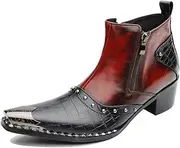 [Generic] Two Tones Work Boot for Men High Top BootGenuine Leather Pull On High Heel Zipper Metal Pointed Toe Men's Leather Shoes