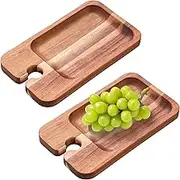 DJAPWPX-2Pcs Wood Appetizer Plates with Wine Glass Holder, Easy to Clean Compact Wine Appetizer Plates, Versatile Sturdy Wood Mini Charcuterie Boards for Wine Party Housewarming Party