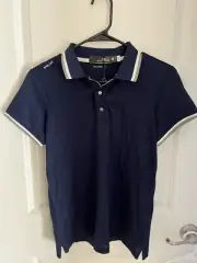 $110 RLX Ralph Lauren Navy Blue Mesh Fabric Golf Polo Striped Collar Size Small