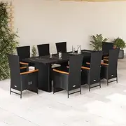 9 Piece Garden Dining Set with Cushions Black Poly Rattan, Garden Furniture Sets