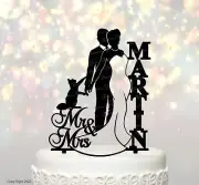 Silhouette Wedding Cake Topper Bride & Groom with Pet Cat and Last Name [TLA28c]