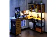 Advwin L Shaped Gaming Desk with LED Lights Reversible 148cm Computer Desk with 3 Drawers and Bookshelf Walnut