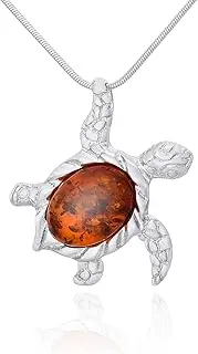 [AMBEDORA] Women's 925 Silver Polished Necklace with Protective Nano Coating Oval Baltic Amber Sea Turtle Pendant with Snake Chain Splice Ready Set to Give, Silver highly polished with nano protective layer, Amber