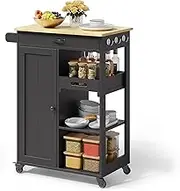 Gizoon Kitchen Island Cart with Solid Wood Top, Rolling Serving Utility Trolley Cart with Drawer, Cabinet, Towel Rack, Hooks and 3 Open Storage Shelves, Mobile Storage Cart for Dining Room, Bar, Black