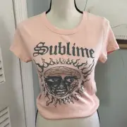 New SUBLIME Womens T-Shirt Cropped AE BAND TEE Graphic Ribbed |UNIORS LARGE