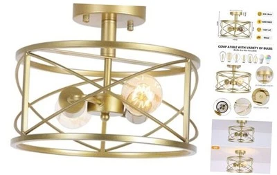 Gold Semi Flush Ceiling Light Fixture, 2-Light Farmhouse Flush Mount Light