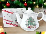 Vintage Christmas Tree Teapot White Lattice Gold Painted Trim - Japan *READ*