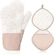 Oven Glove, Cooking Mittens for Kitchen,Washable Silicone Oven Mitts Heat Resistant 500°F, Potholders for Kitchens Cooking Baking - (1 Pair Oven Mittens, 2 Hot Pads, Cream)