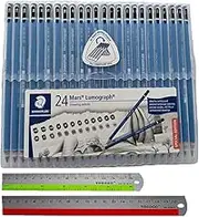 Wooden Pencil By Staedtler Mars Lumograph - Pack of 24 Degrees in Practical Plastic Storage Box With 6" and 8" Aluminum Ruler